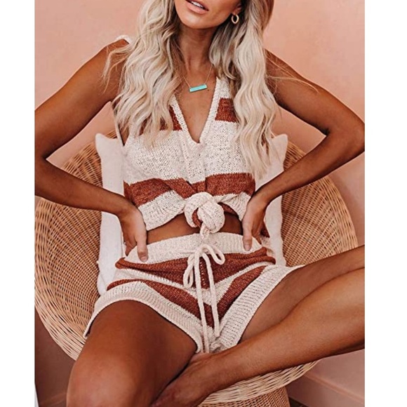 Pants - 2 Piece Knit Crop Top & Tie Waisted Beach Shorts
